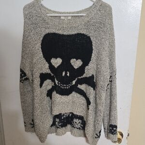 Cozy Black and Gray Heart-Eyed Skull Sweater